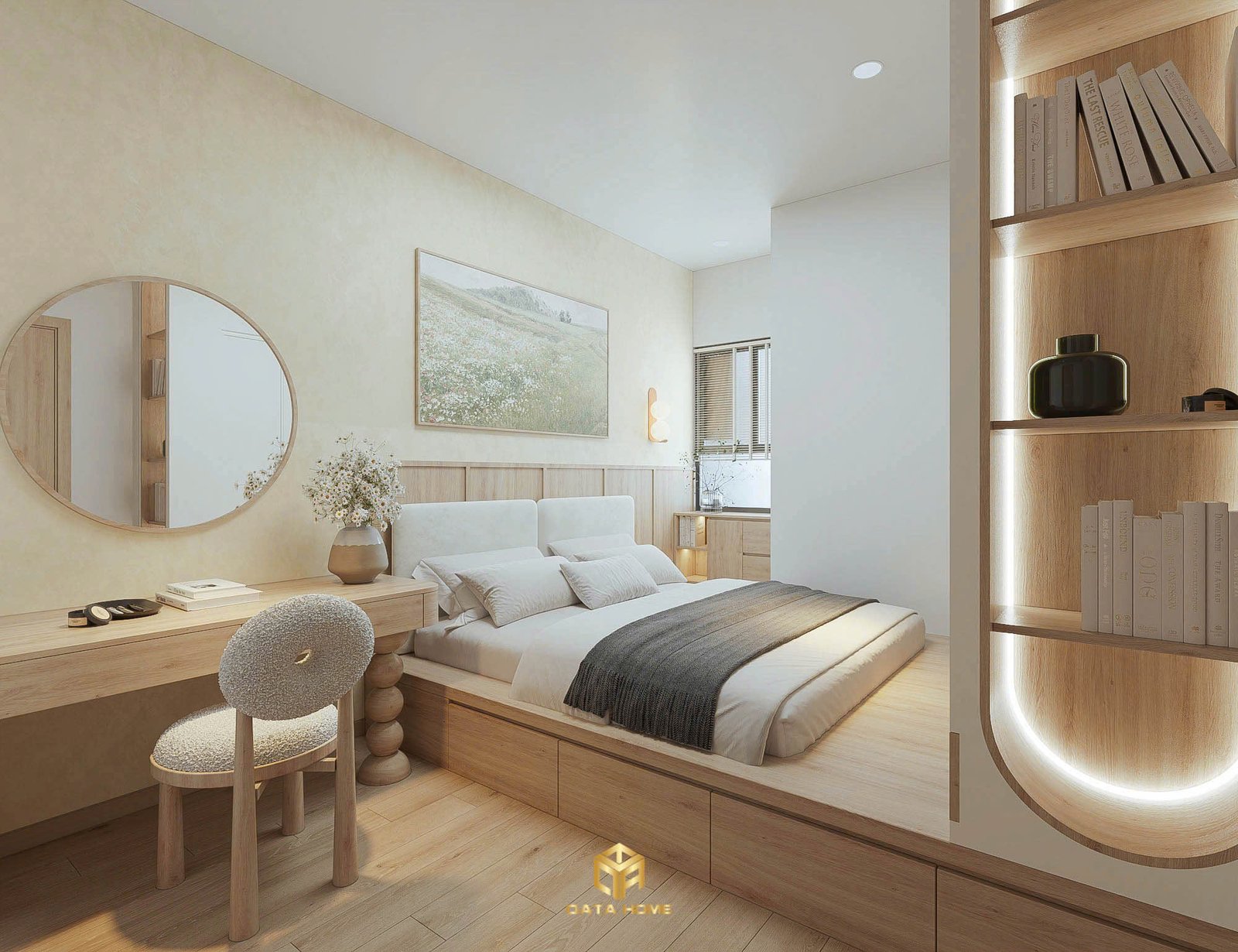 hiết kế nội thất chung cư 2 phòng ngủ phong cách Wabi Sabi với không gian tối giản, ấm cúng