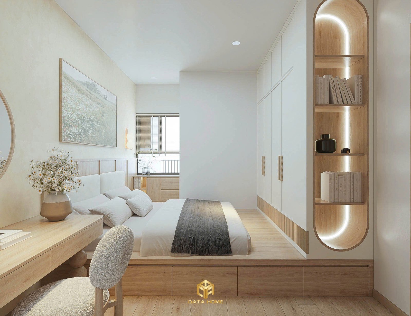 Thiết kế nội thất phòng ngủ chung cư 2 phòng ngủ phong cách Wabi Sabi tối giản, ấm cúng
