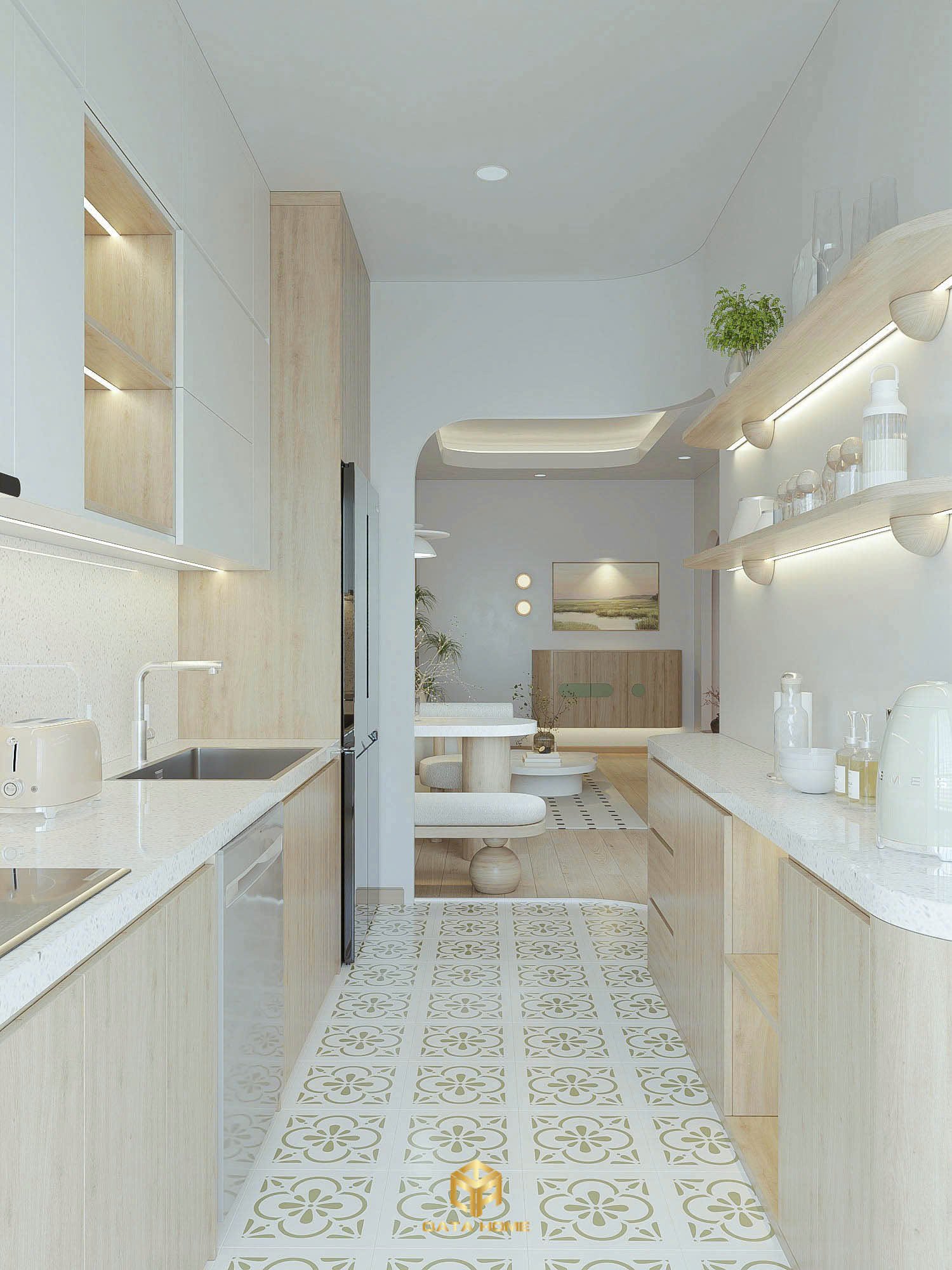 Không gian bếp chung cư 2 phòng ngủ phong cách Wabi Sabi tối giản, tinh tế.