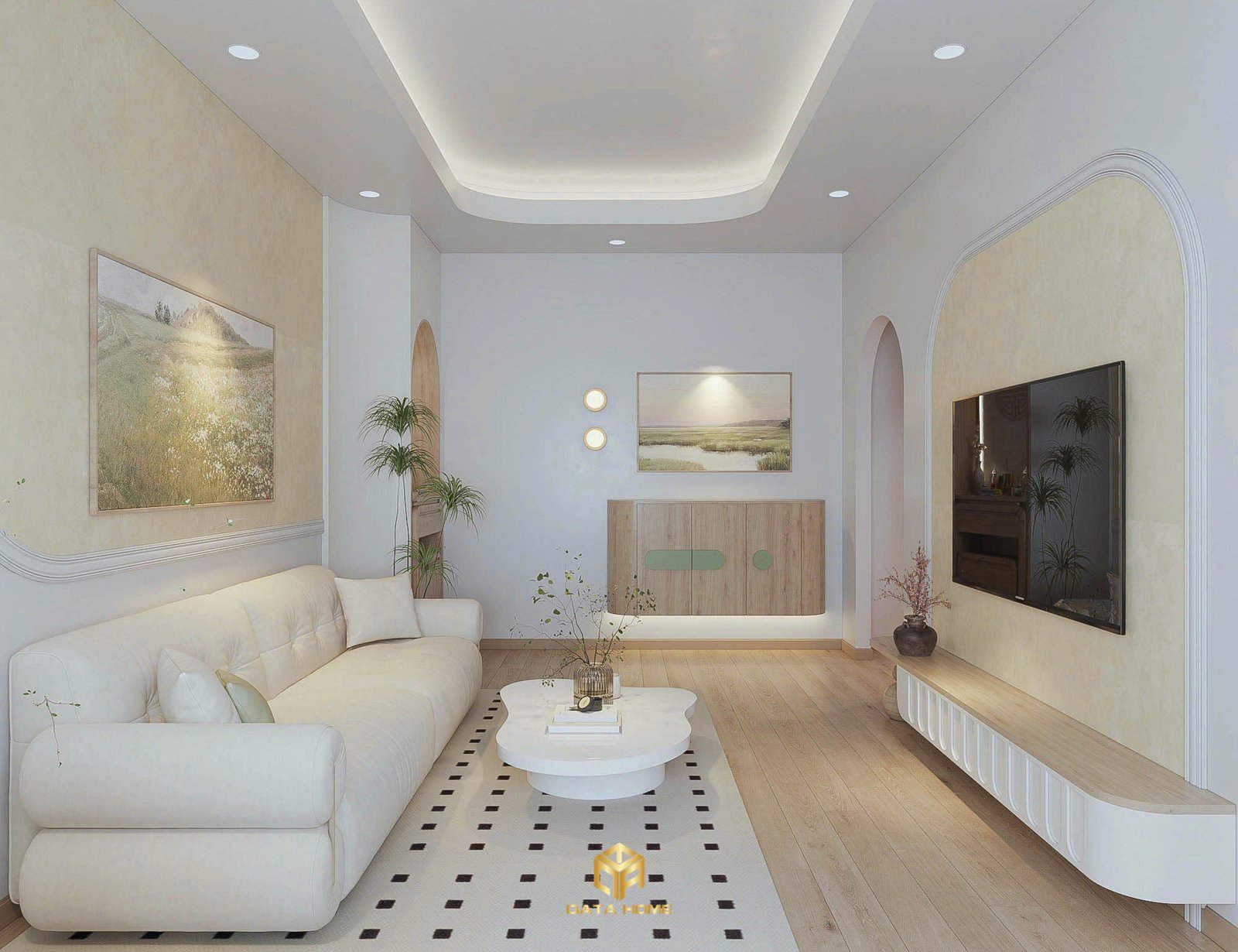 Thiết kế nội thất phòng khách phong cách Wabi Sabi với màu sắc trung tính, nội thất tối giản