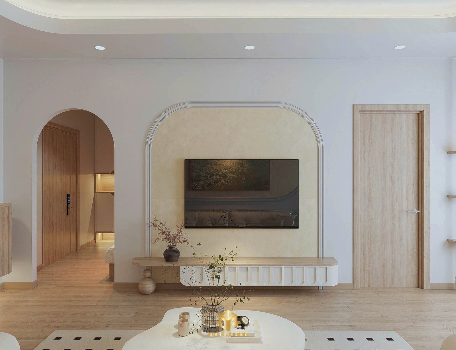 Phòng khách chung cư 2 phòng ngủ phong cách Wabi Sabi với sofa vải linen, bàn trà gỗ và ánh sáng tự nhiên.
