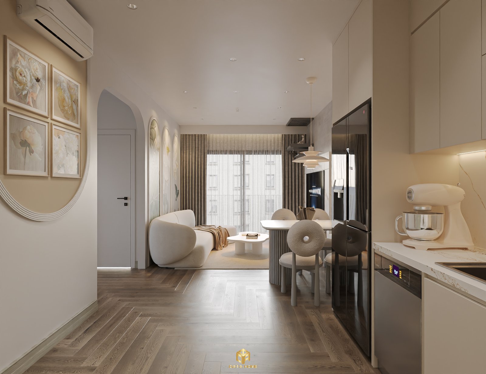 Phòng khách thiết kế nội thất phong cách wabi sabi mix hiện đại với tông be ấm áp và họa tiết hoa sen tự nhiên