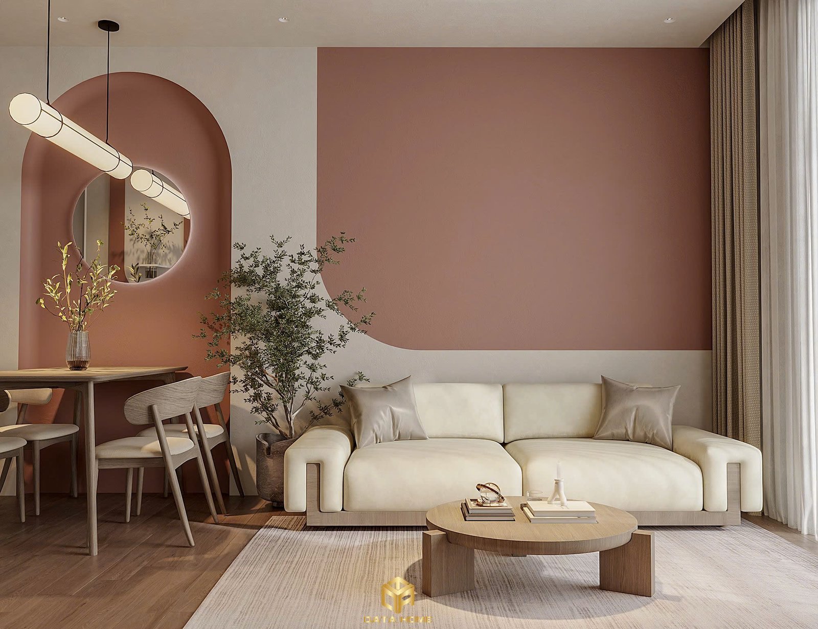 Phòng khách với thiết kế nội thất wabisabi sử dụng tông màu đất ấm, kết hợp nội thất bo cong tạo nên cảm giác nhẹ nhàng và gần gũi.