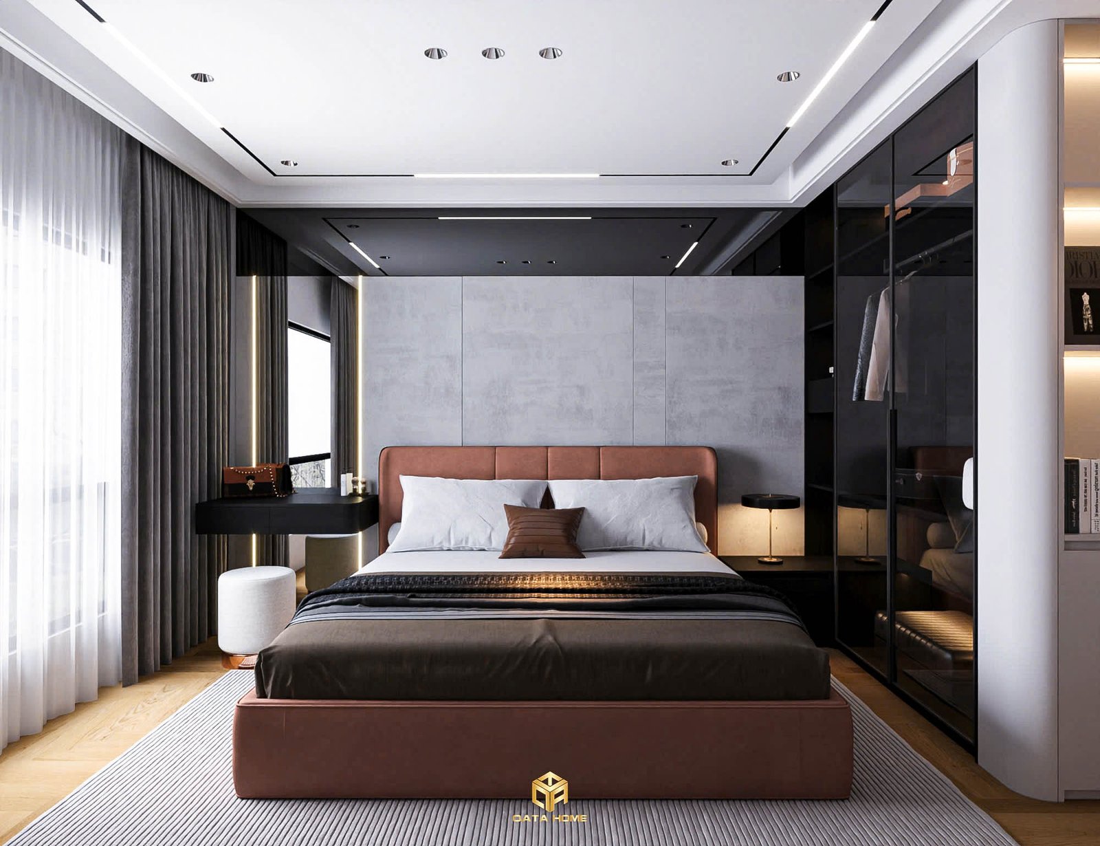 Thiết kế nội thất phòng ngủ master với giường bọc nỉ cao cấp và hệ rèm hai lớp tạo không gian nghỉ ngơi yên bình.