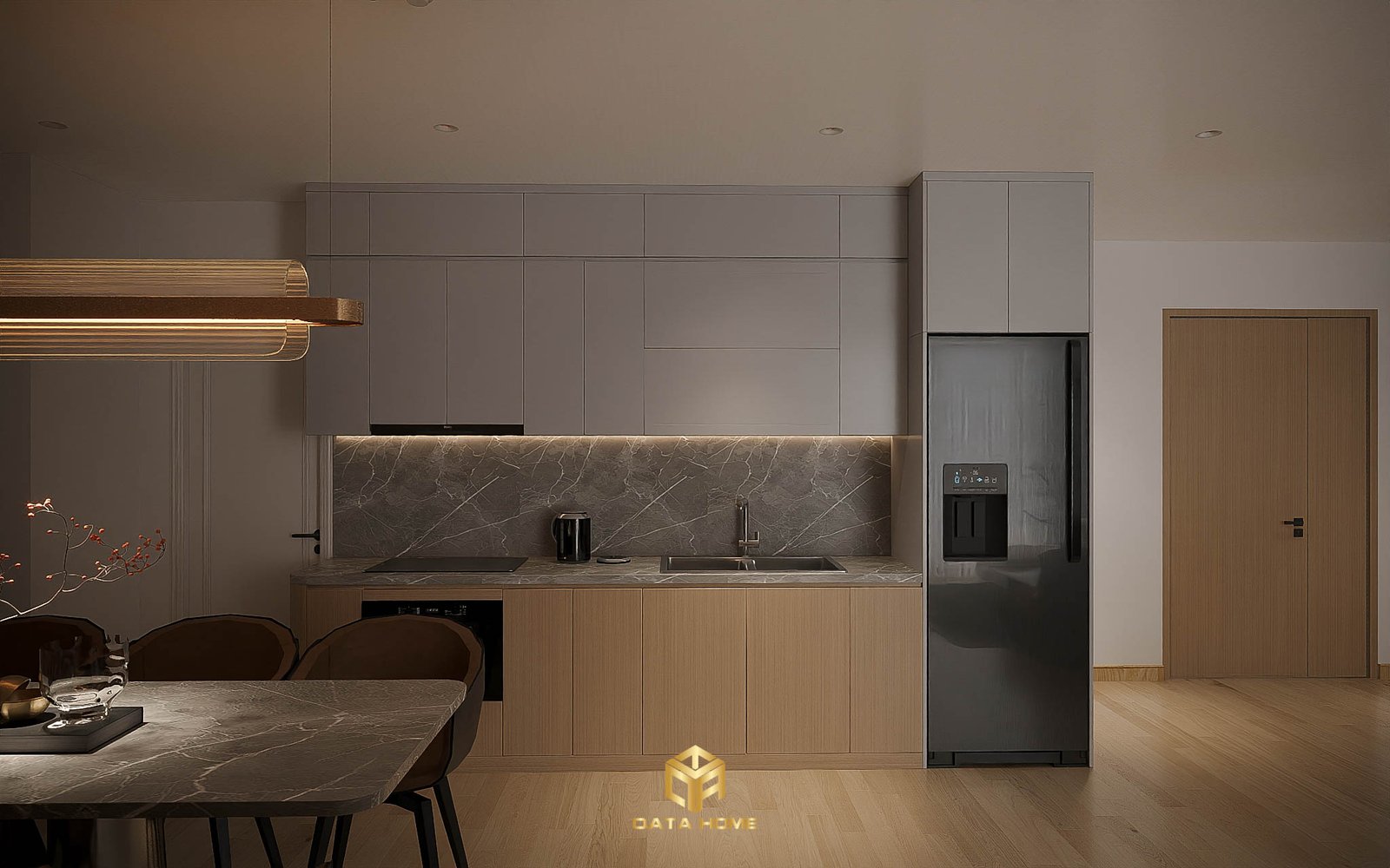 Khu vực bếp và phòng ăn tiện nghi, chuẩn mực thượng lưu với sự sắp đặt thông minh các vật liệu cao cấp và hệ thống ánh sáng gián tiếp.