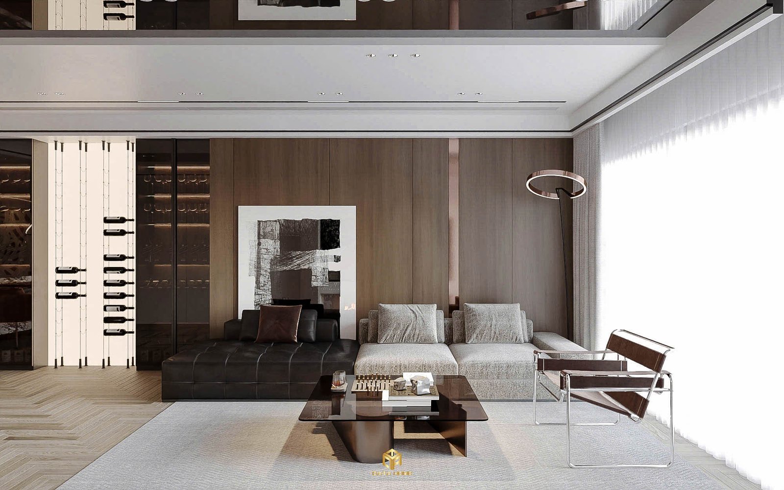 Cận cảnh không gian phòng khách ngập tràn ánh sáng tự nhiên nhờ hệ cửa kính kịch trần, làm nổi bật bản thiết kế nội thất tinh tế từ Qata Home.