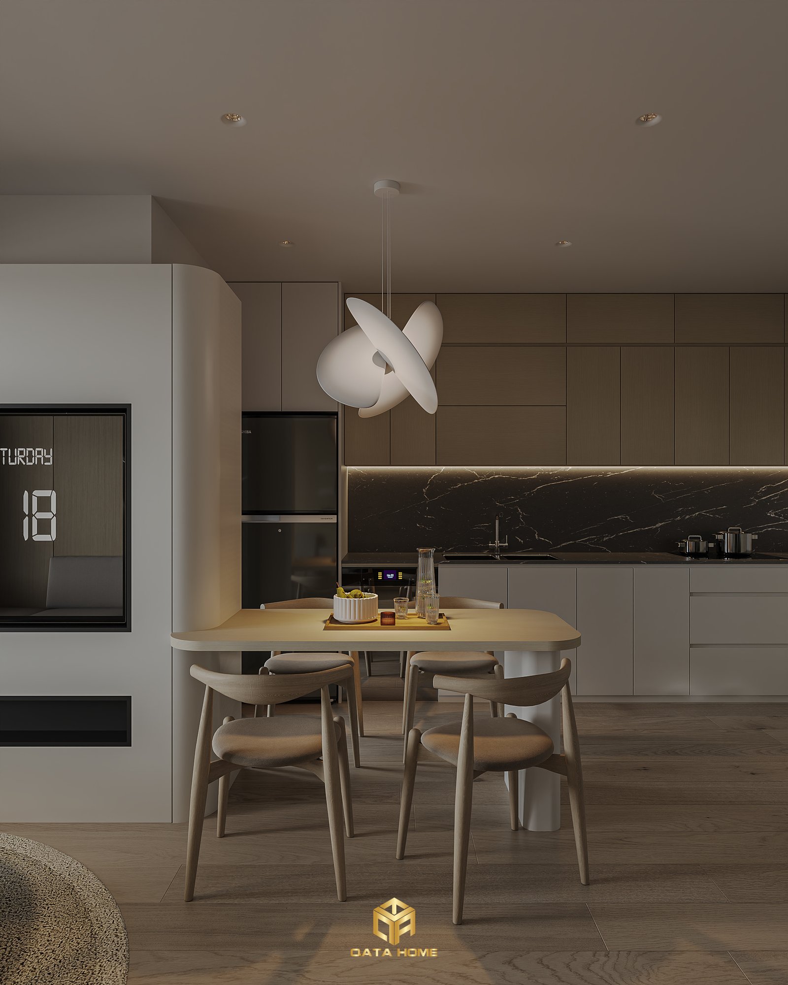 Khu bếp hiện đại với hệ tủ tối giản, bàn ăn liền kề và ánh sáng ấm áp – thể hiện rõ tinh thần thiết kế nội thất hiện đại trong căn hộ.