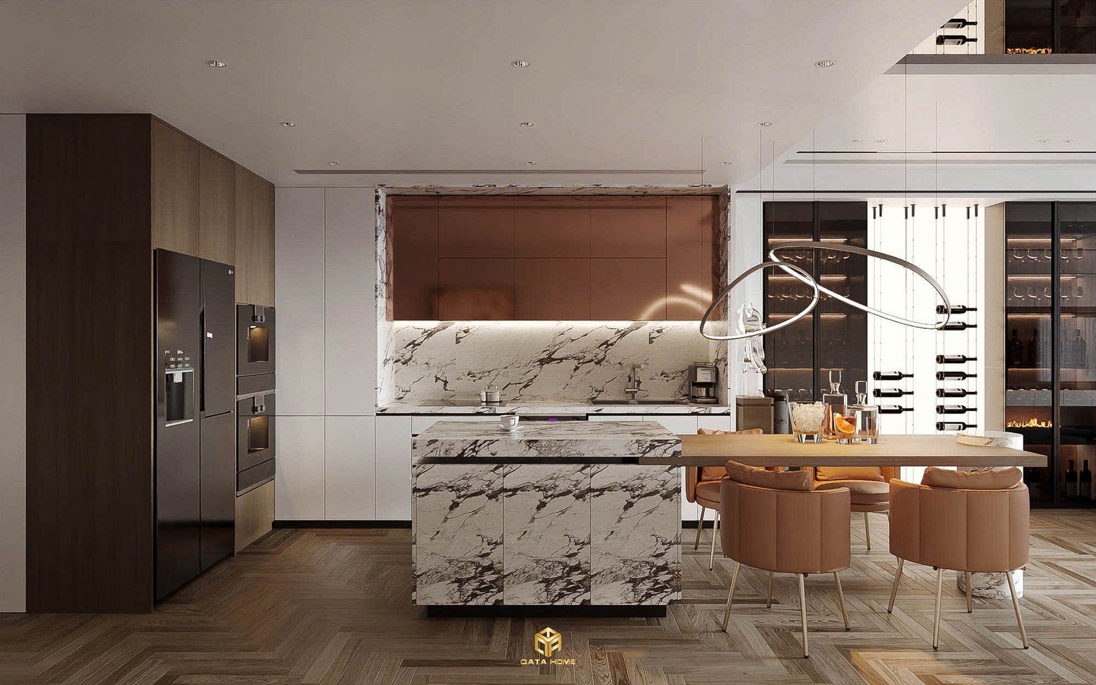 Thiết kế nội thất phòng ăn hiện đại với bộ bàn ghế chân mạ vàng PVD và mặt đá marble cao cấp tại căn hộ BRG Diamond Residence.