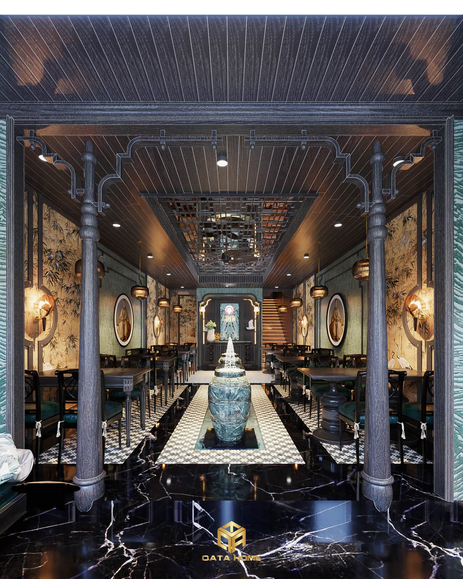 Không gian thiết kế nội thất sảnh chính phong cách Indochine với hệ cột gỗ tối màu vững chãi và sàn gạch bông mỹ thuật.