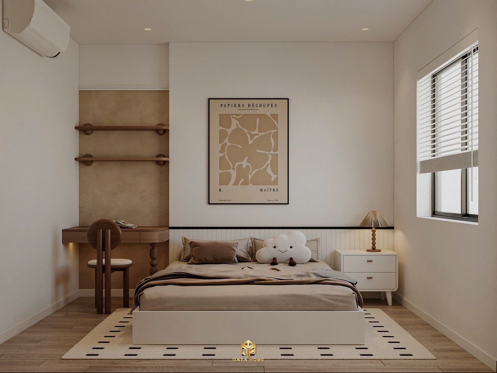 Phòng ngủ với giường thấp, bàn làm việc cạnh cửa sổ và tông màu trung tính mang lại cảm giác yên bình đặc trưng của phong cách Wabi Sabi.