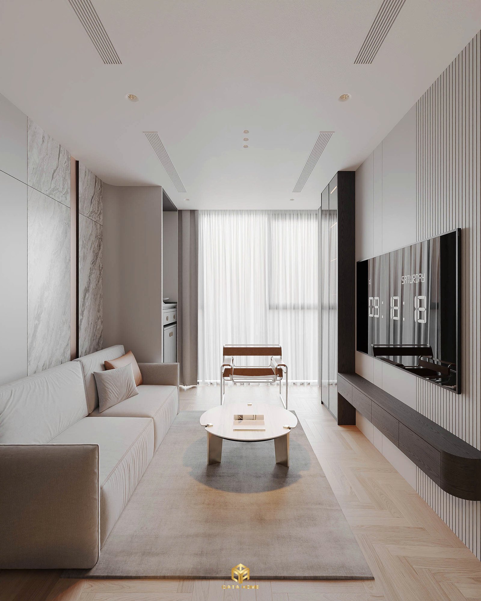 Thiết kế nội thất phòng khách tối giản hiện đại với ánh sáng tự nhiên và bảng màu trung tính