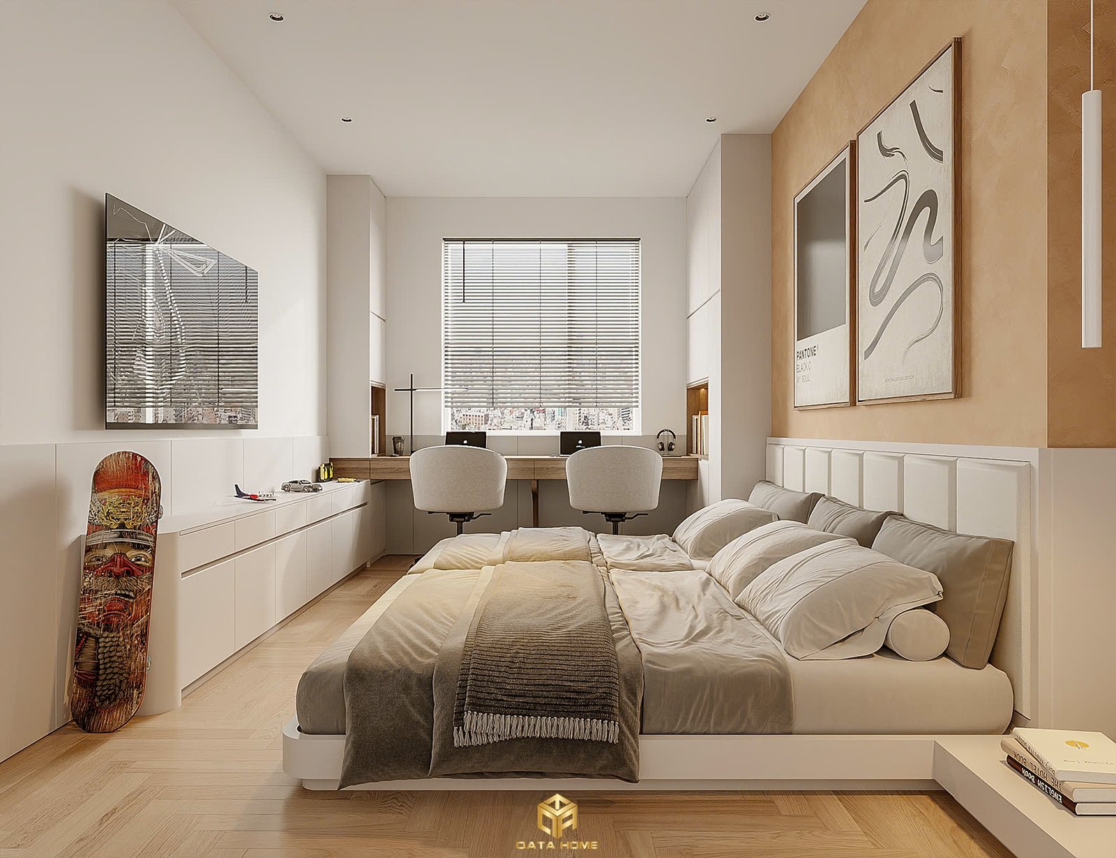 Phòng ngủ với giường thấp, tone màu be và ánh sáng tự nhiên thể hiện phong cách thiết kế nội thất hiện đại chung cư đầy tinh tế.