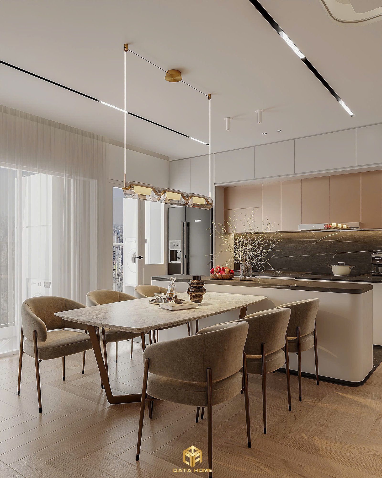 Khu vực bếp và bàn ăn trong thiết kế nội thất hiện đại với bố cục mở, ánh sáng tự nhiên và vật liệu cao cấp.