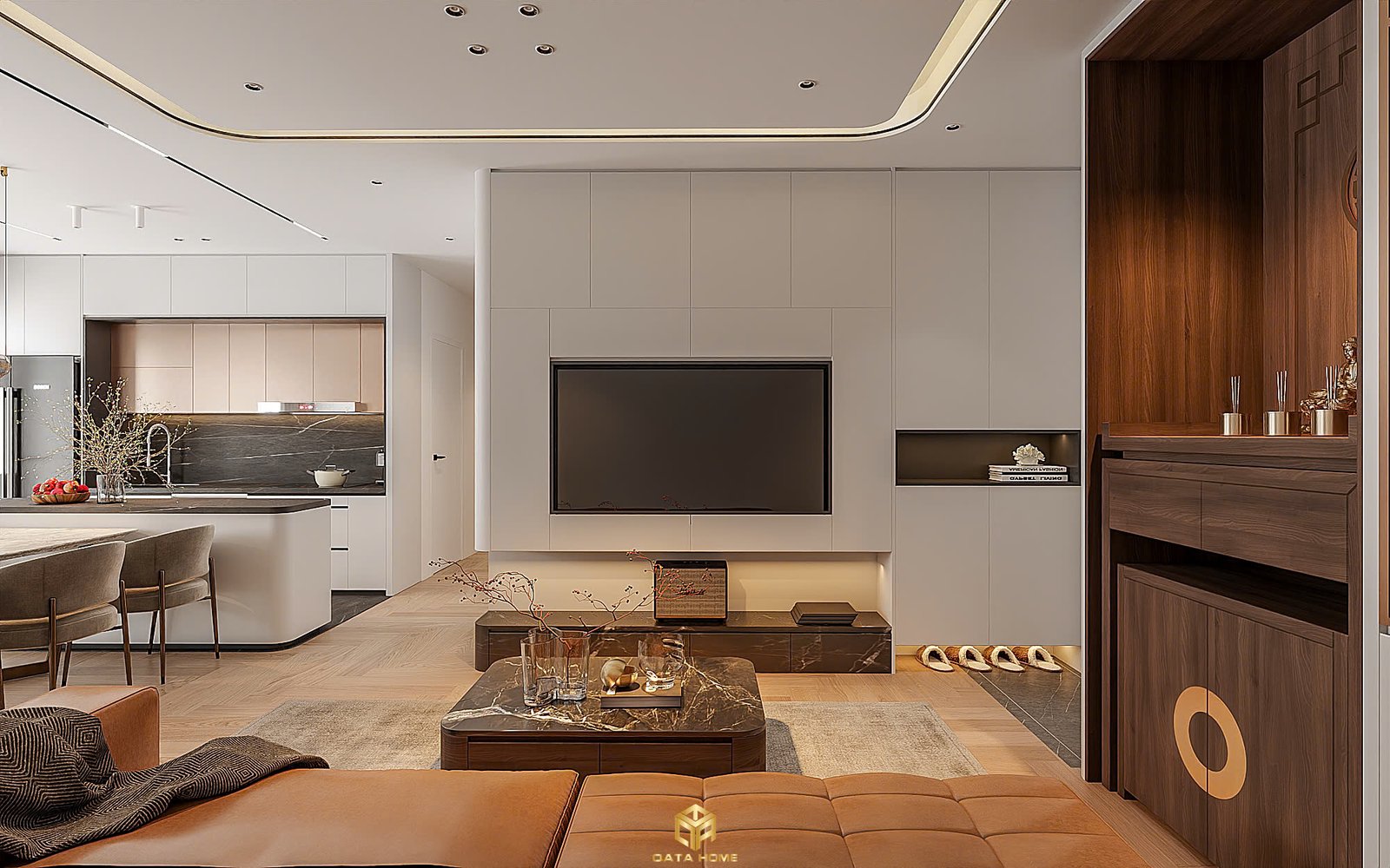 Không gian phòng khách với sofa da nâu, bàn trà đá và hệ kệ tivi âm tường thể hiện rõ phong cách thiết kế nội thất hiện đại chung cư.