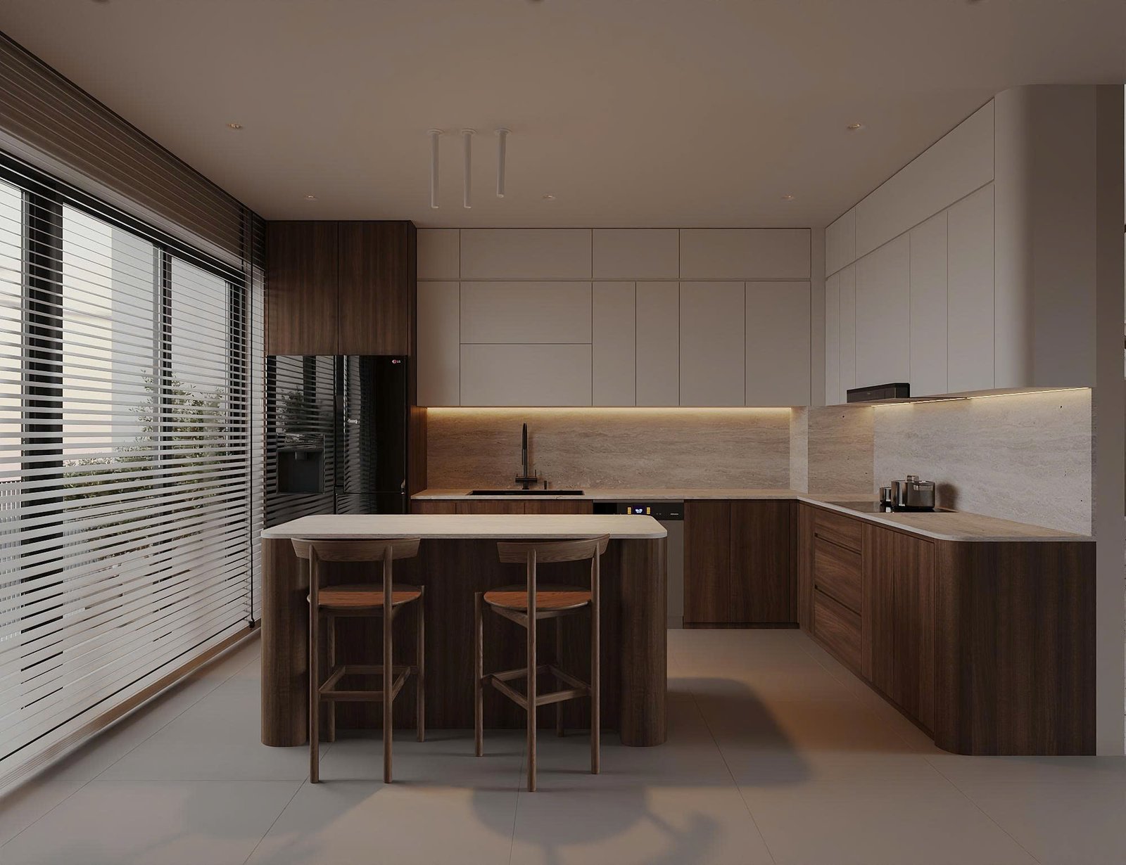 Thiết kế nội thất phong cách hiện đại bếp và đảo nhà phố Eco Park Thủy Nguyên Hưng Yên – đảo bếp gỗ, tủ trắng và ánh sáng tự nhiên dồi dào