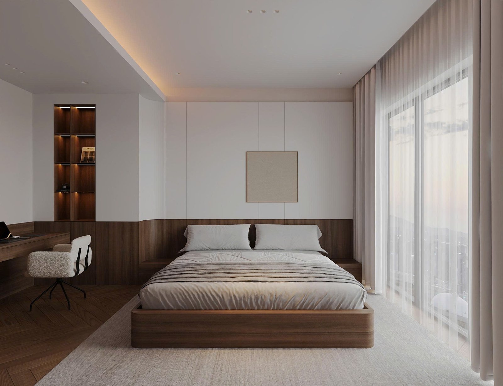 Thiết kế nội thất phong cách hiện đại phòng ngủ nhà phố Eco Park Thủy Nguyên Hưng Yên – giường thấp gỗ, góc làm việc và ánh sáng dịu dàng