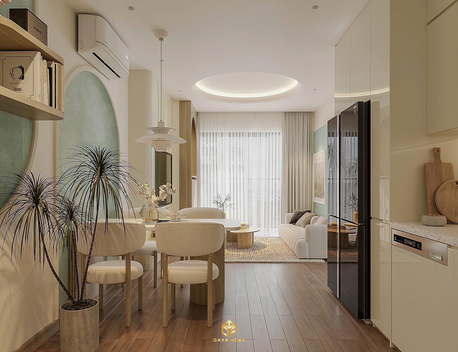 Thiết kế nội thất phòng khách – bếp hiện đại tối giản với gam màu sáng và điểm nhấn xanh nhẹ nhàng