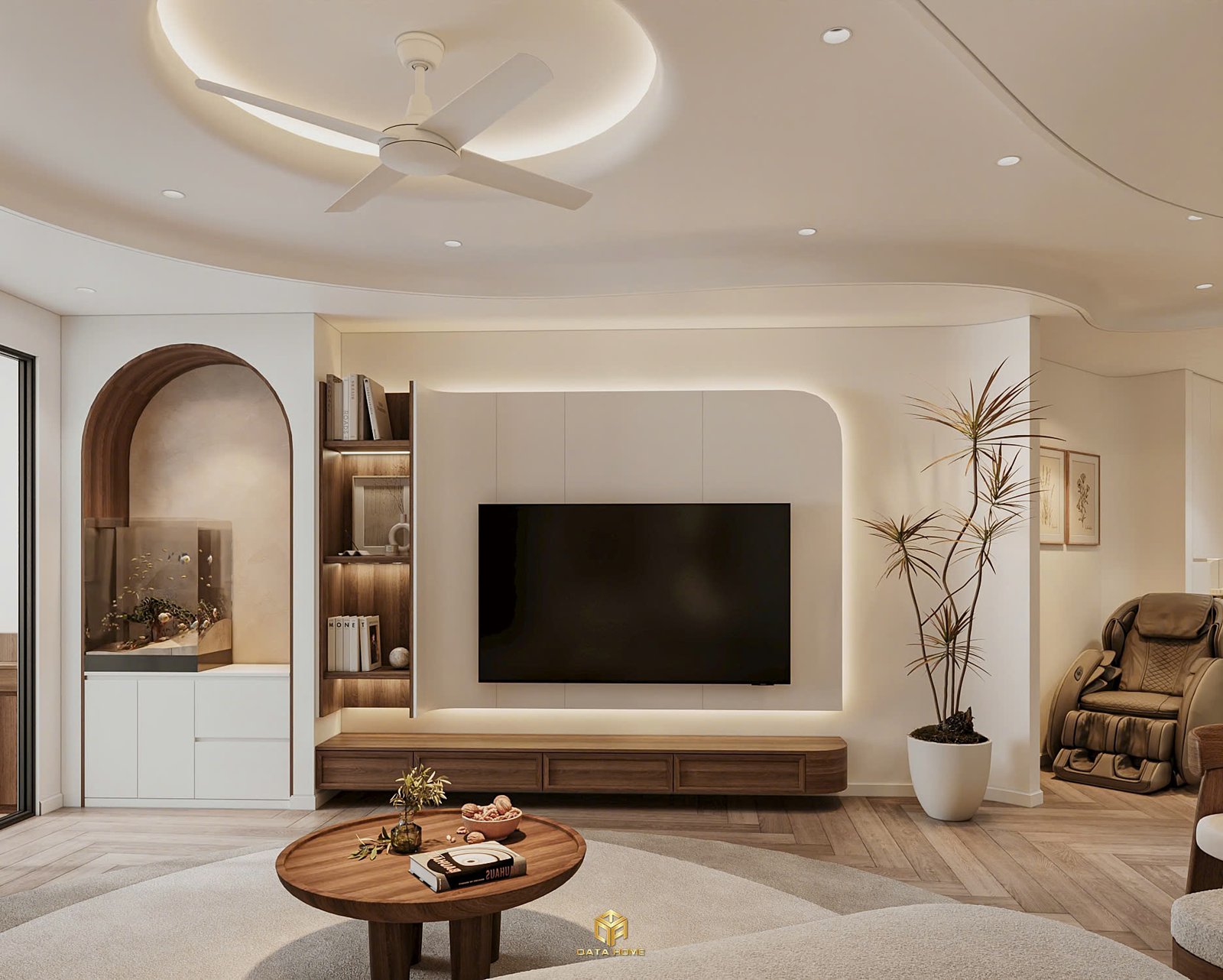 Thiết kế nội thất phòng khách hiện đại tinh tế với đường cong mềm mại và điểm nhấn gỗ ấm