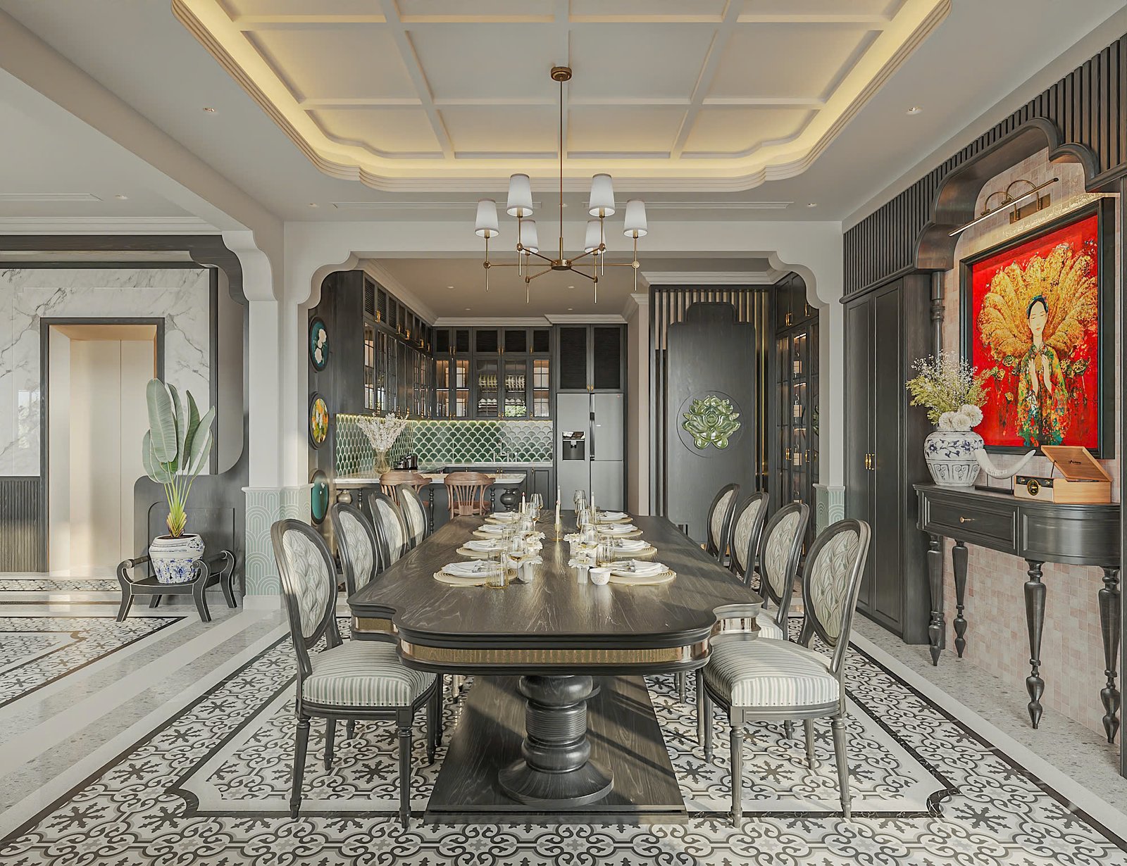  Khu vực bàn ăn với ghế mây và đèn thả trần tạo nên không gian ấm cúng, chuẩn thiết kế nội thất phong cách Indochine.