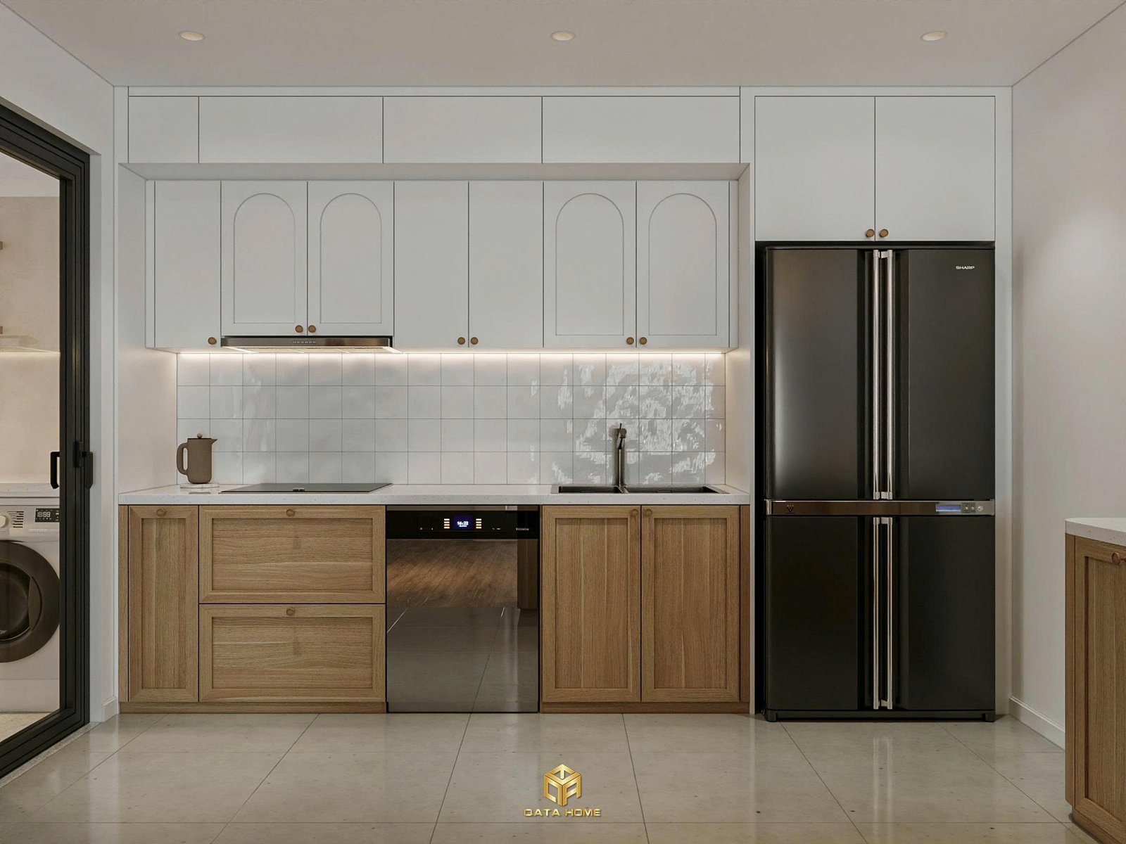 Thiết kế nội thất căn bếp hiện đại tông trắng – gỗ tối giản, tích hợp tiện nghi cao cấp