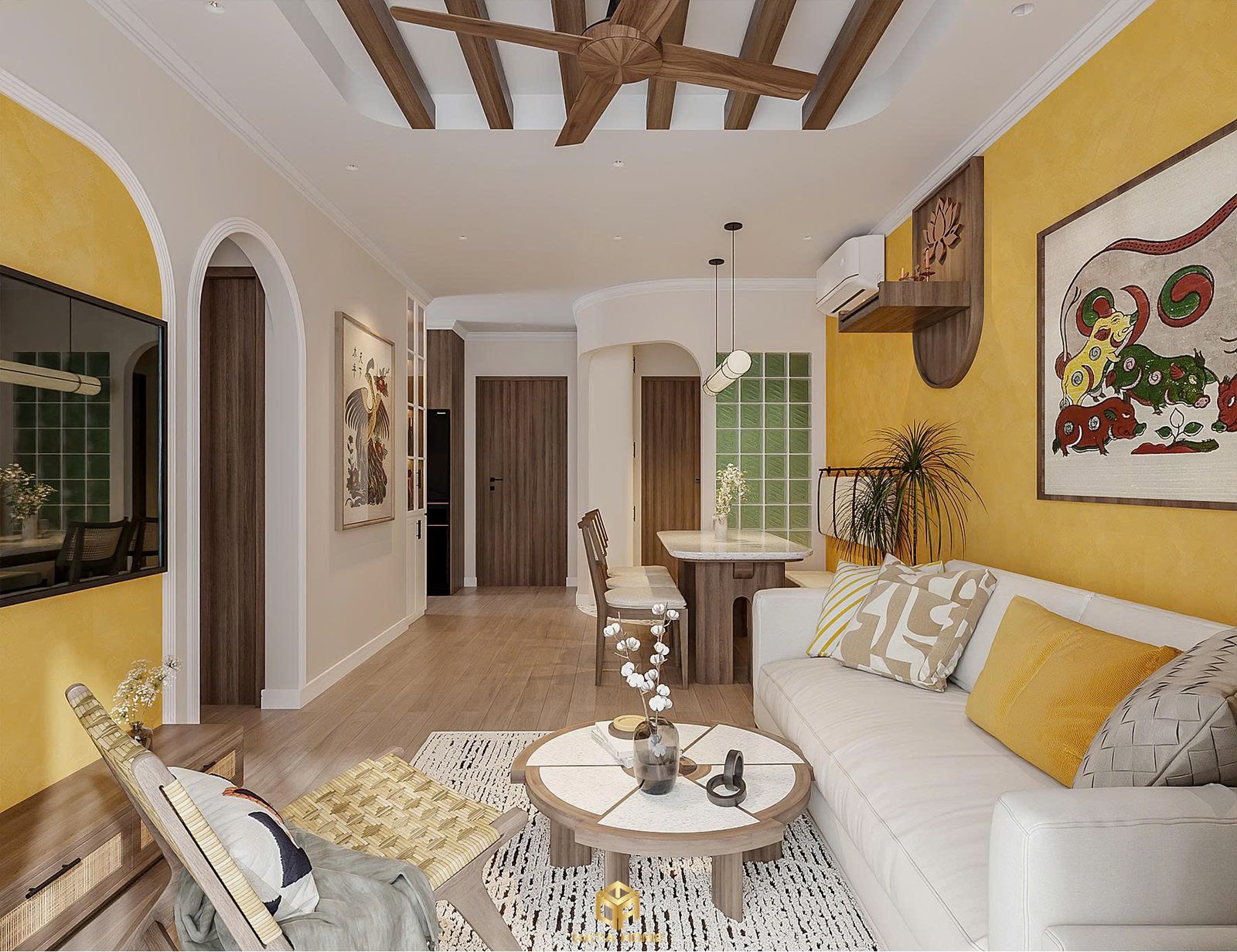 Thiết kế nội thất phòng khách liền bếp phong cách hiện đại ấm áp