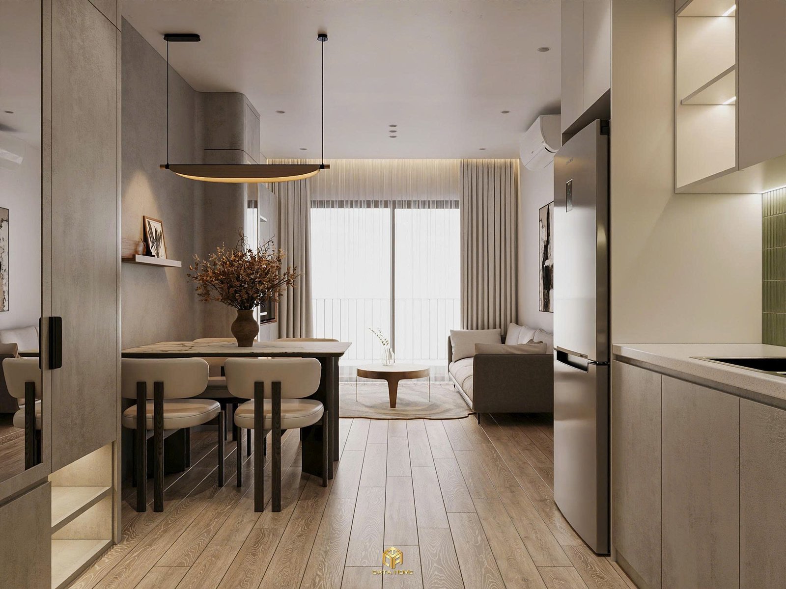 Thiết kế nội thất không gian mở liền mạch giữa phòng khách, bàn ăn và khu vực bếp