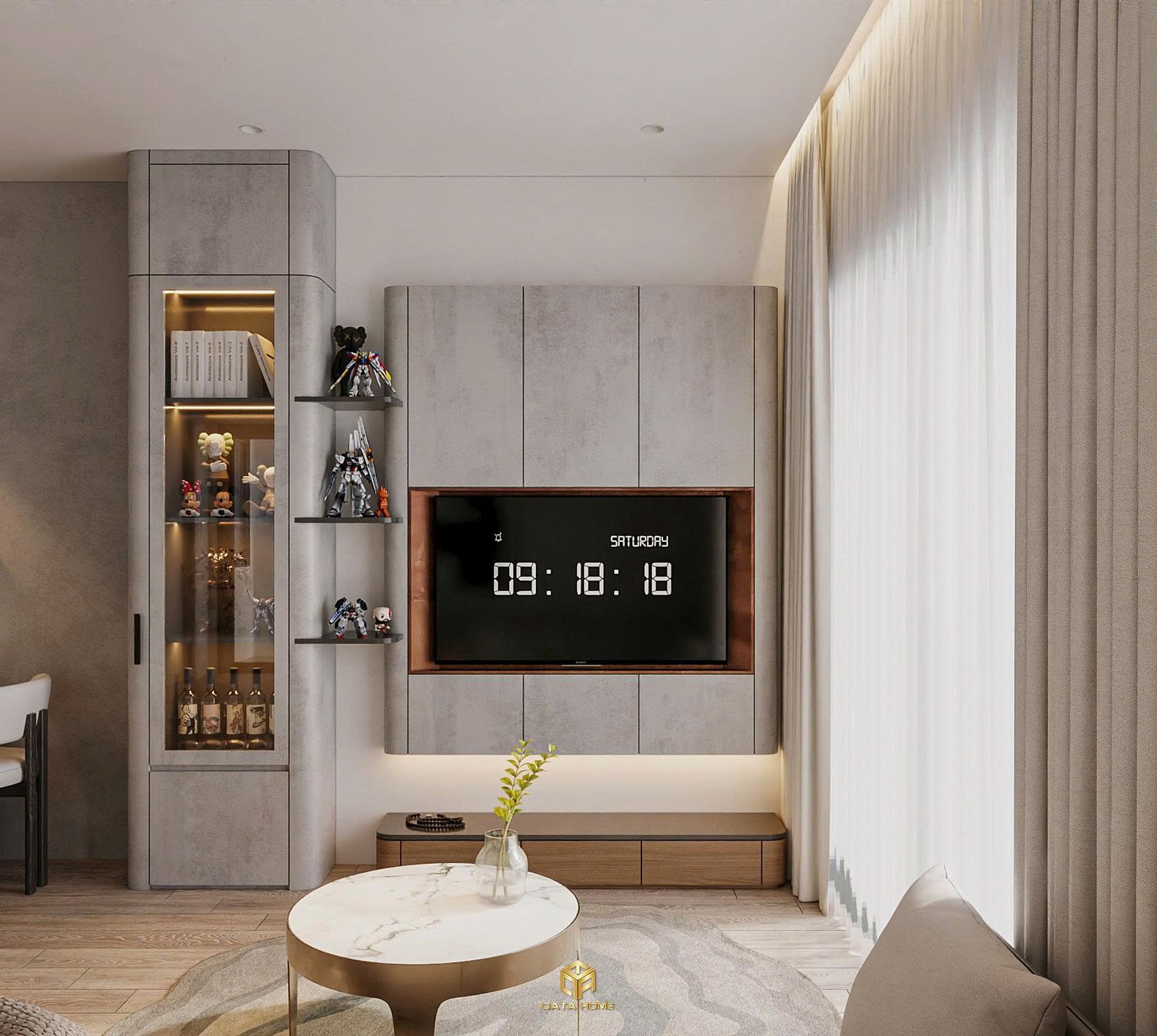 Thiết kế nội thất phòng khách hiện đại tối giản với kệ tivi âm tường và ánh sáng ấm áp