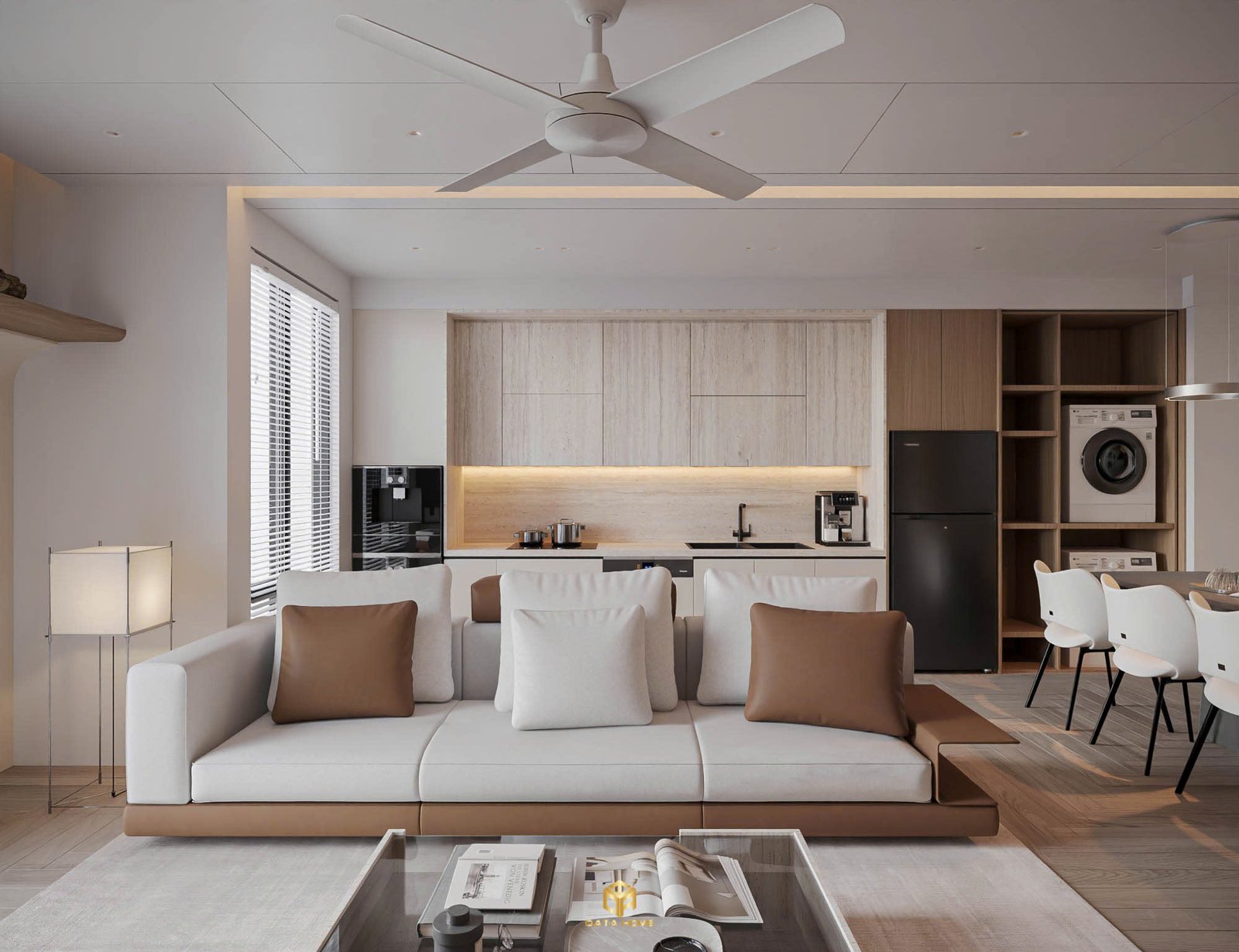 Thiết ké nội thất không gian phòng khách rộng rãi với ghế sofa da nâu – trắng tinh tế