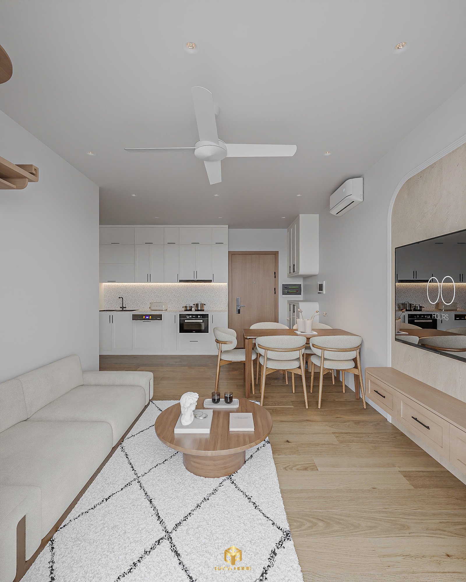 thiết kế nội thất phòng khách thoáng đãng với sofa beige, bàn trà gỗ tròn và quạt trần trắng tinh khôi