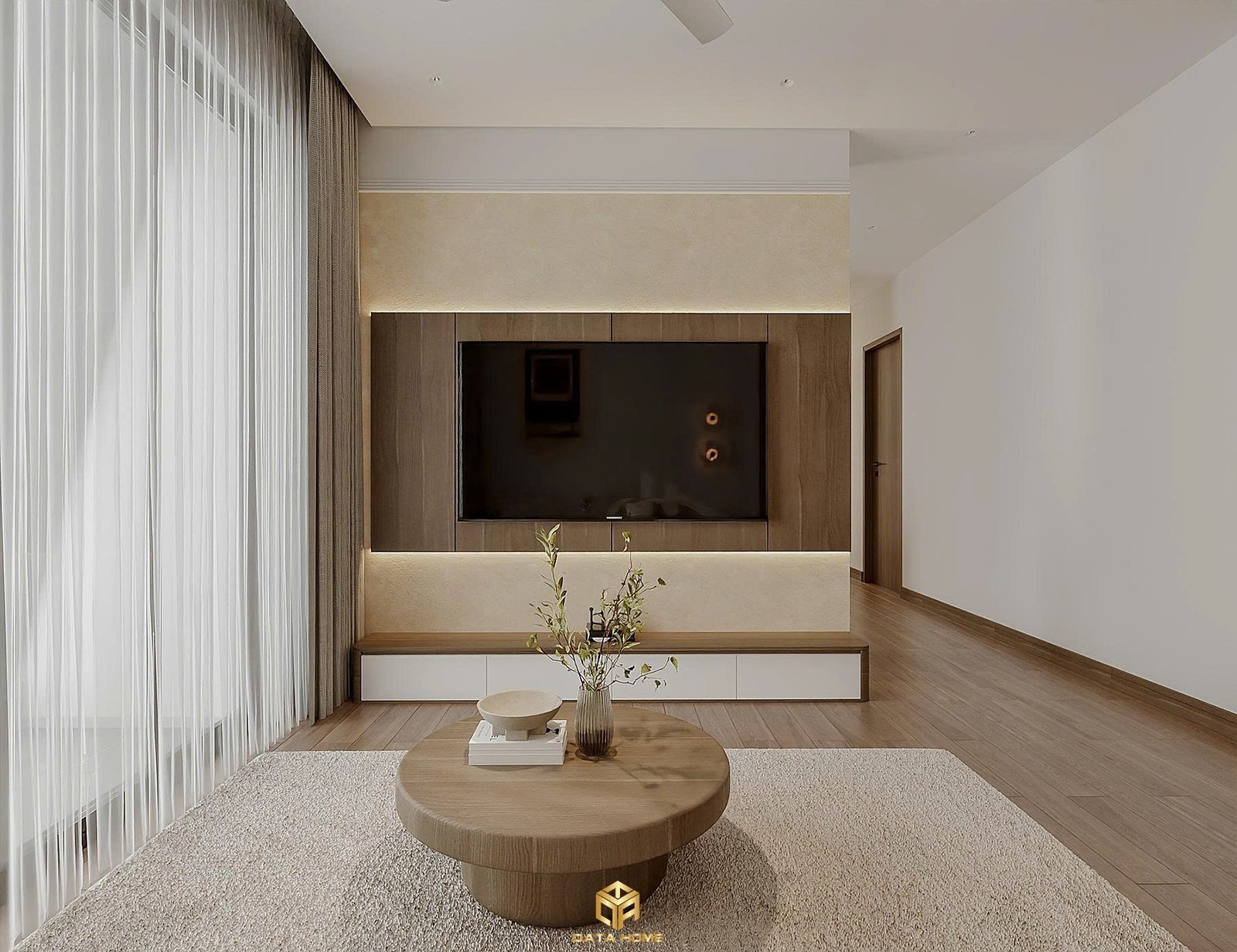 Thiết kế nội thất phòng khách wabi sabi mix hiện đại 