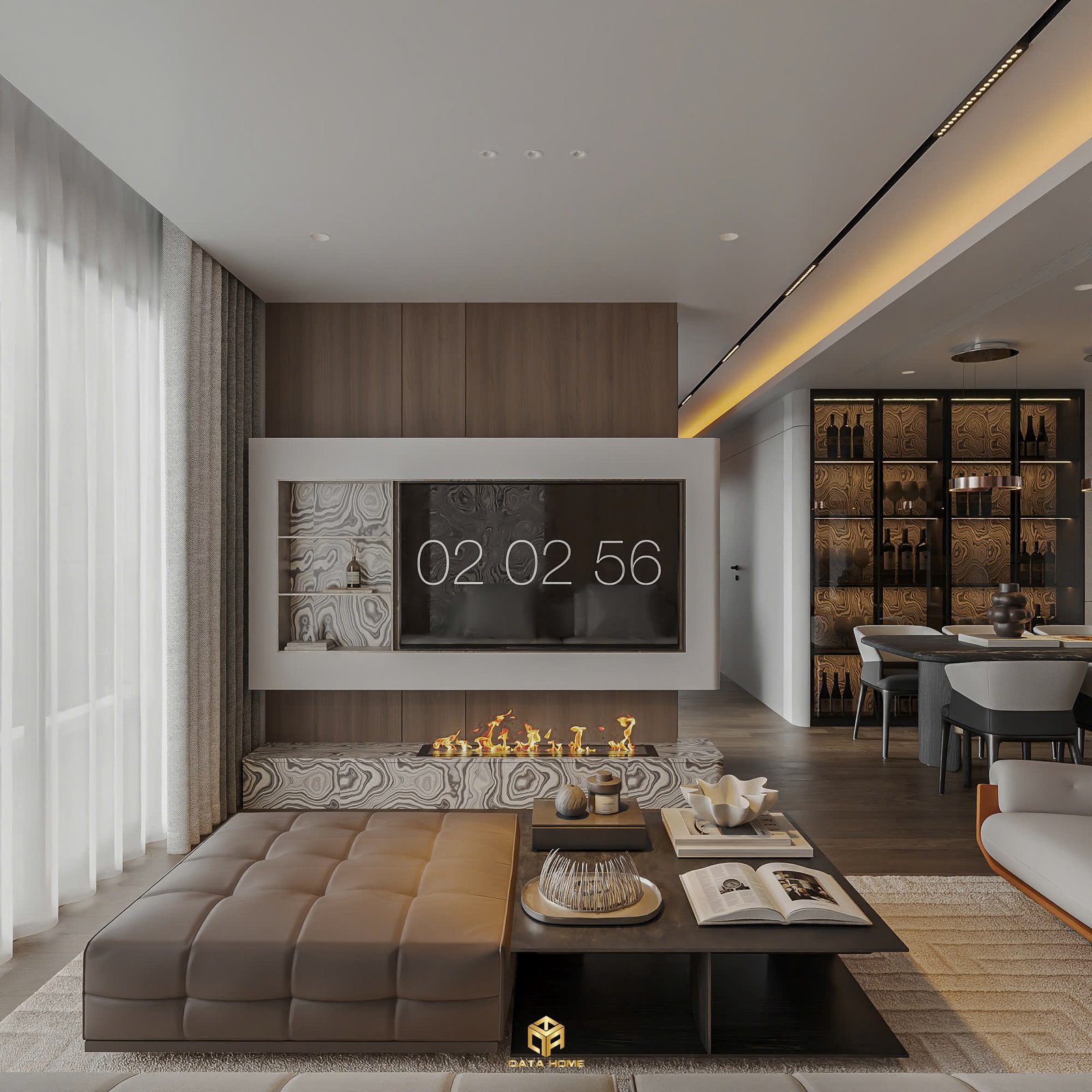 Thiết kế nội thất chung cư Wisteria phòng khách hiện đại với TV wall và lò sưởi