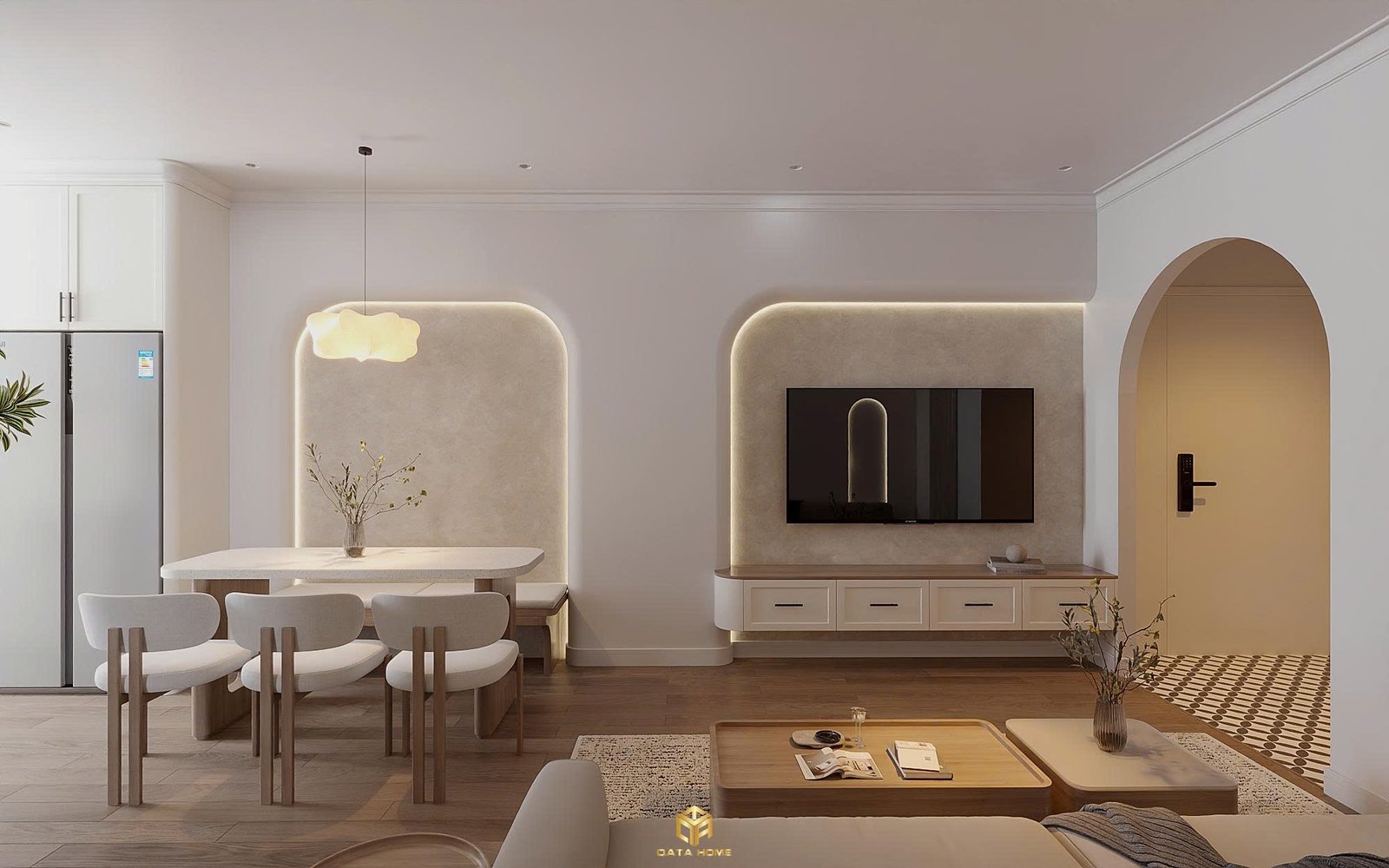 thiết kế nội thất không gian phòng khách phong cách wabi sabi mix hiện đại 