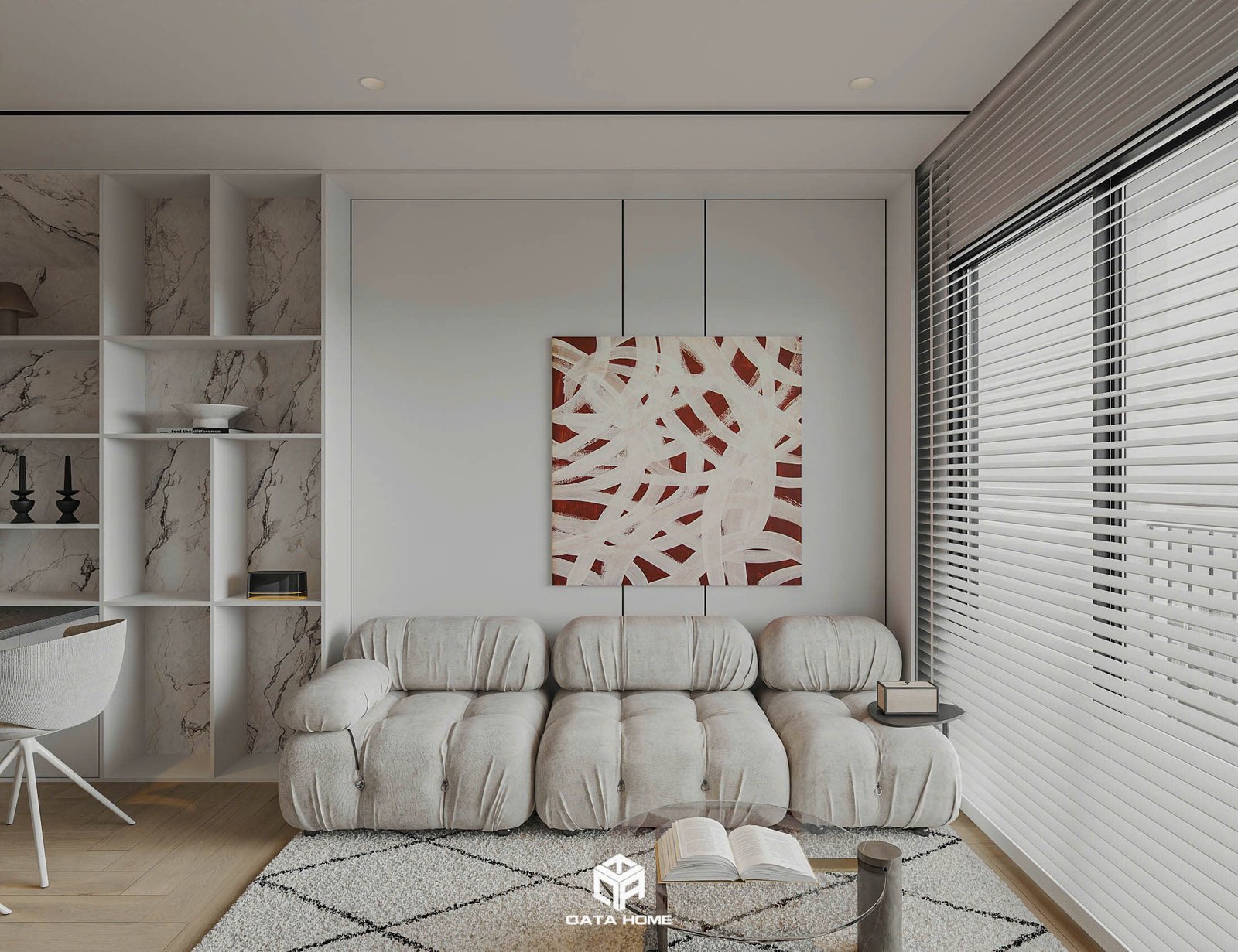 thiết kế nội thất phòng khách hiện đại tối giản 