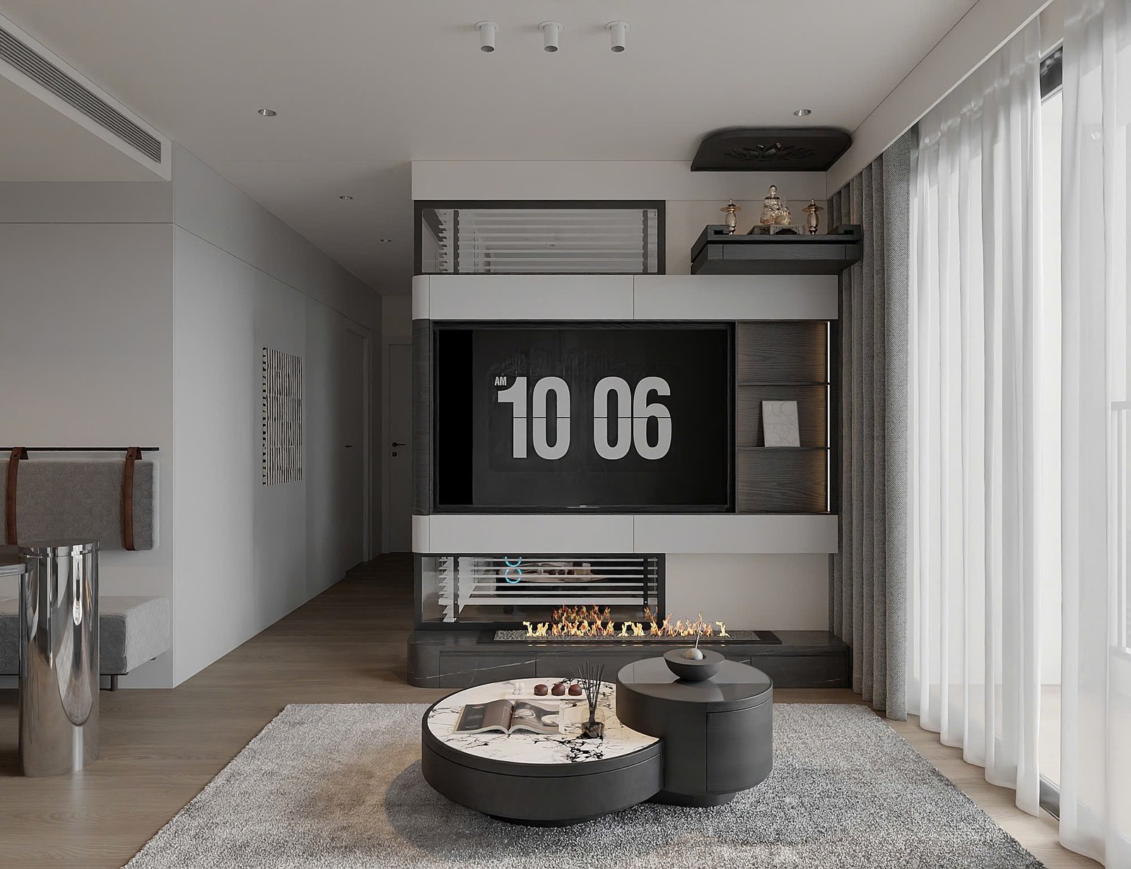 Thiết kế phòng khách chung cư hiện đại tích hợp công nghệ lò sưởi