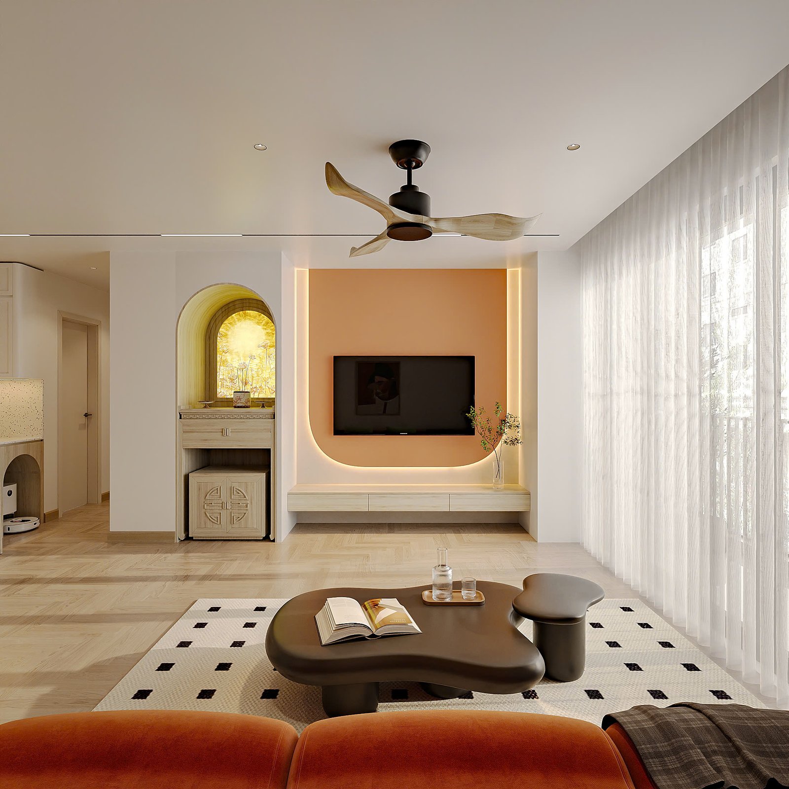 Phòng khách trong thiết kế nội thất chung cư Gold Silk phong cách Wabi Sabi với sofa cam đất, rèm voan trắng và lam gỗ ấm áp.